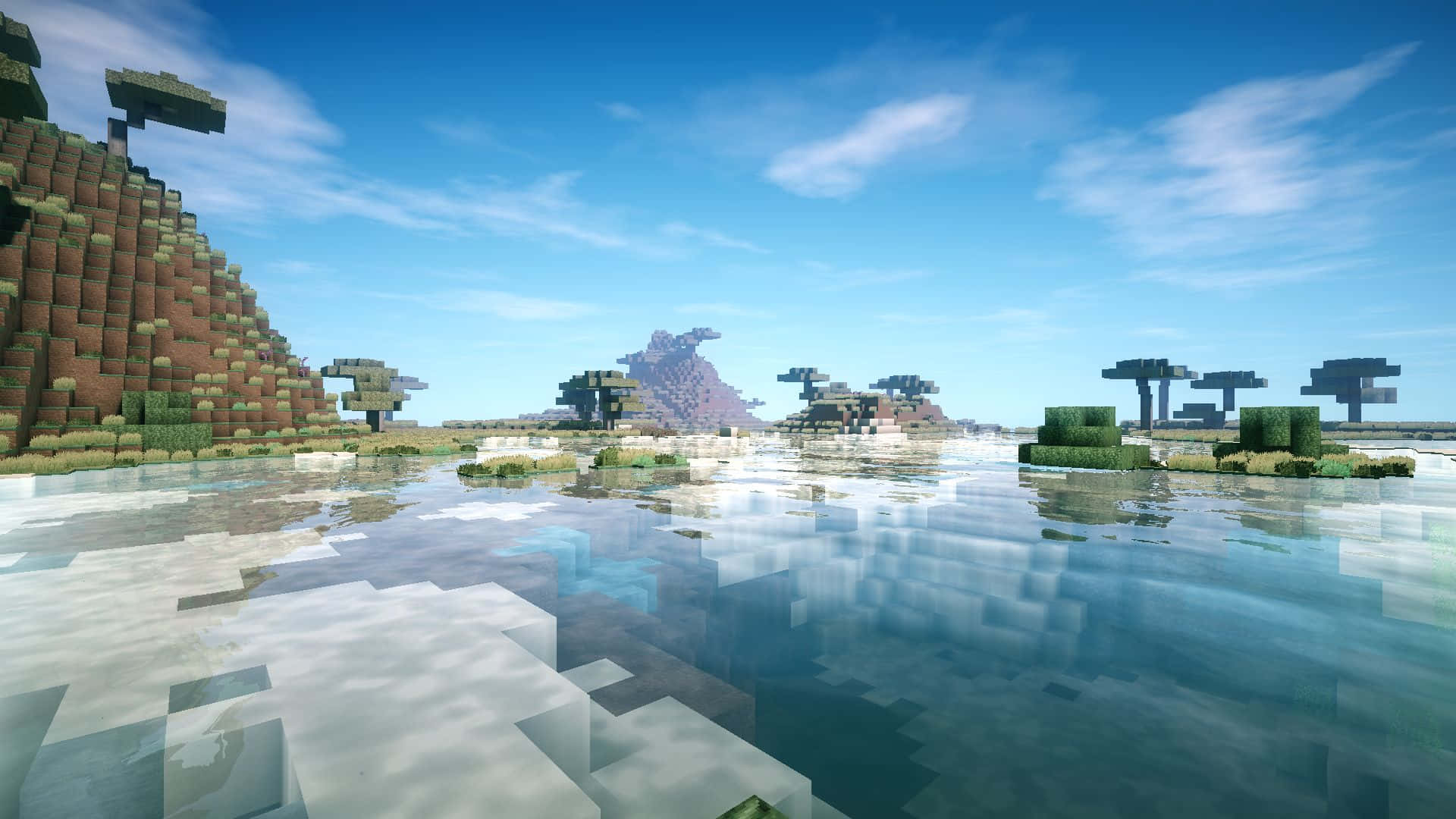 A pixelated Minecraft landscape with a large body of water, small islands, and stylized trees, reflecting a bright blue sky with scattered clouds