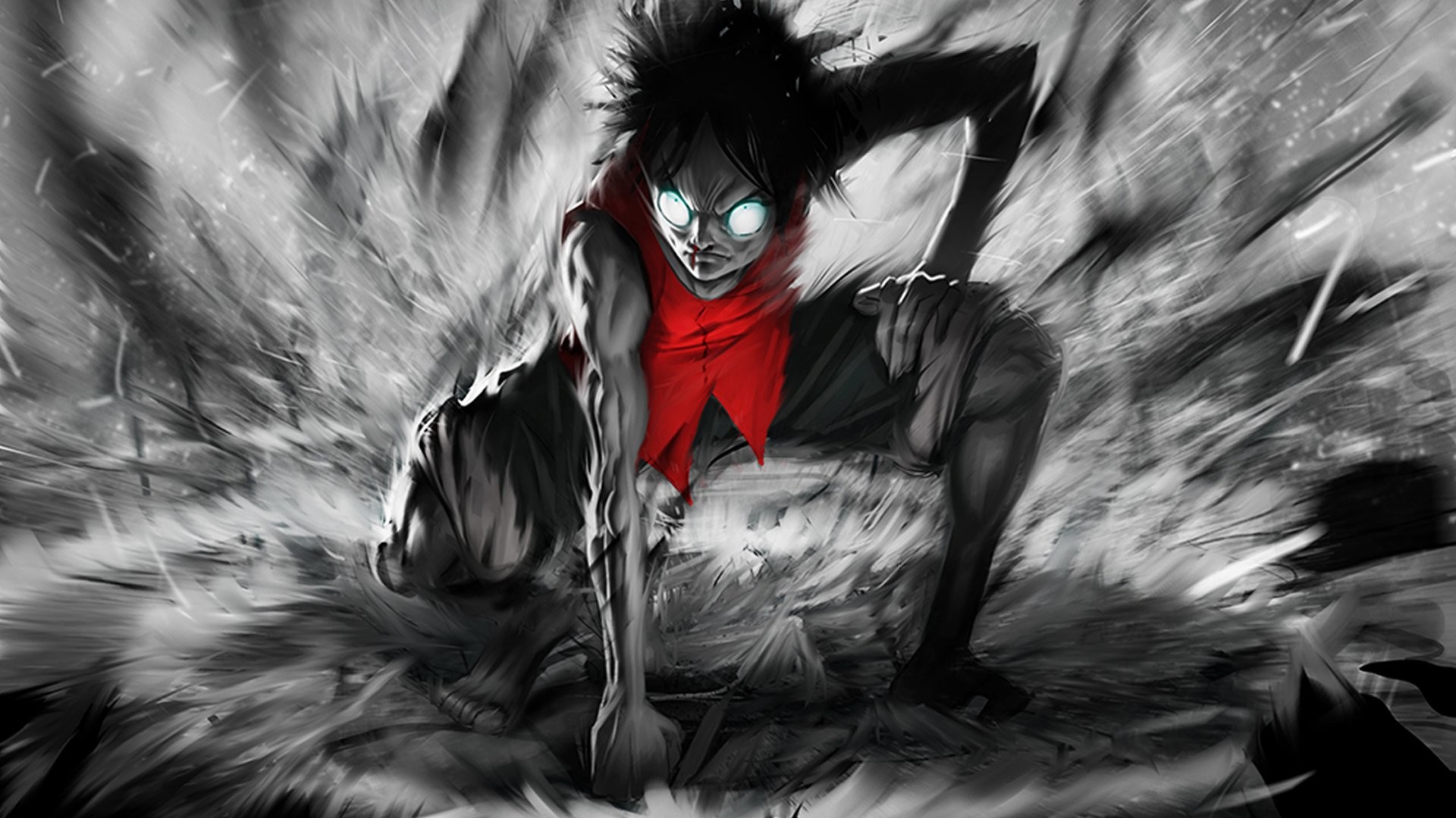 Dynamic black and white illustration of Monkey D. Luffy from One Piece, crouched in a fighting stance with glowing eyes and a red vest, amidst a swirling, energetic background