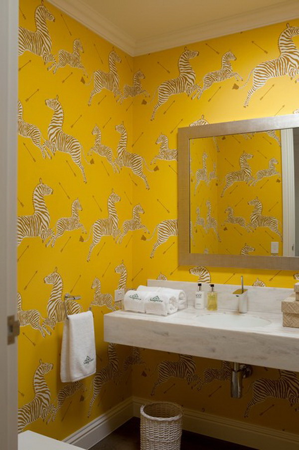 Modern Bathroom Ideas And Yellow Decorative Wallpaper Decorating