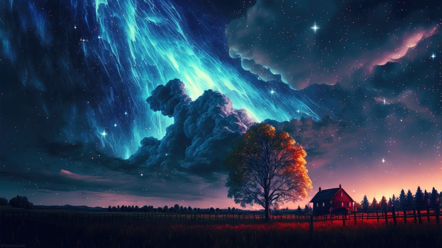 A stunning 4k wallpaper featuring a vibrant autumn tree silhouetted against a backdrop of a starry night sky with a mesmerizing blue nebula and a cozy farmhouse