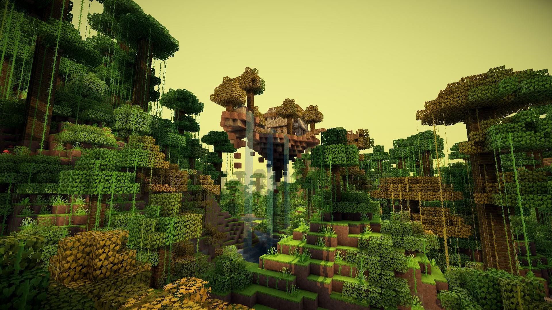 A lush, vibrant Minecraft jungle scene with a floating treehouse and a waterfall