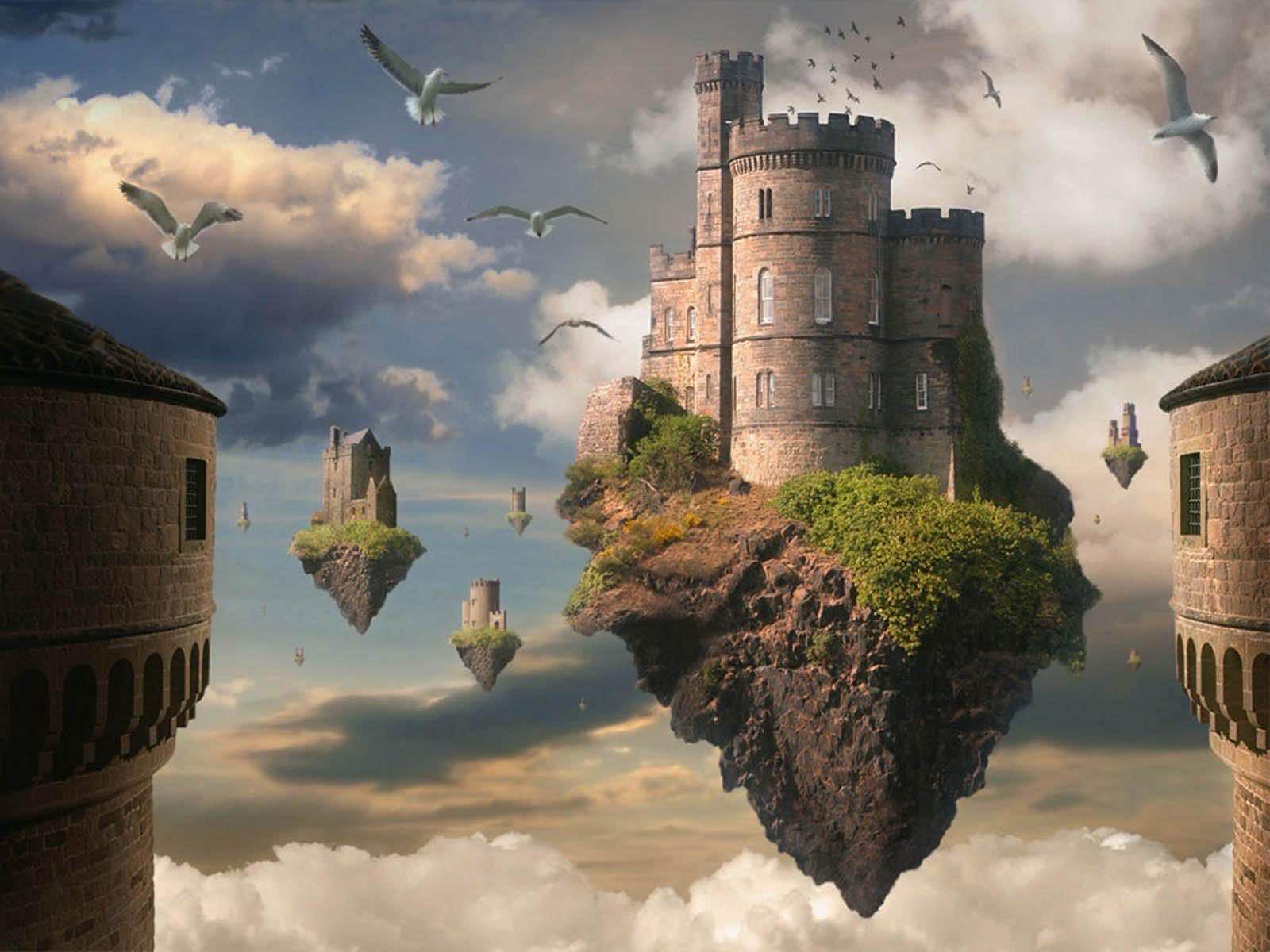 A majestic castle perched on a floating island in the sky, surrounded by smaller floating islands and seagulls, creating a fantastical and surreal scene