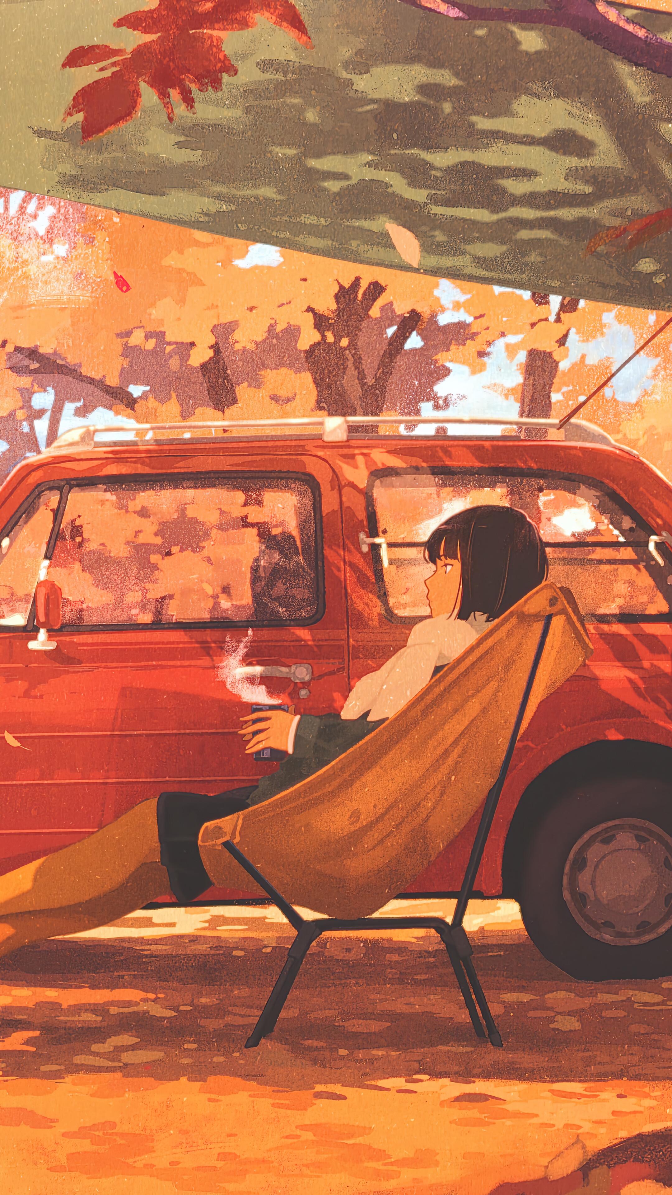 Free download Camping Autumn Anime Girl Art 4K Wallpaper iPhone HD 