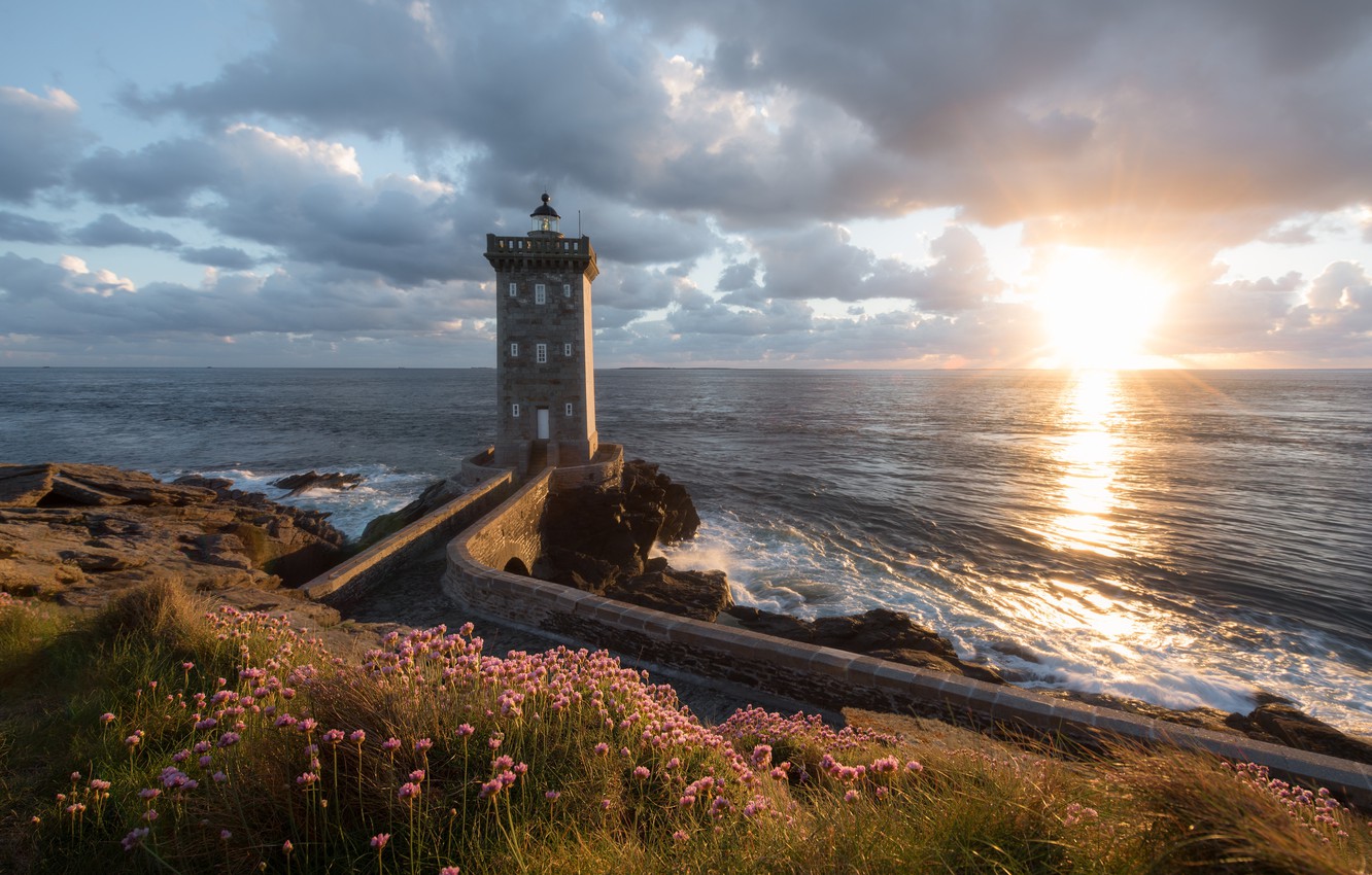 Wallpaper sunset flowers the ocean coast France lighthouse