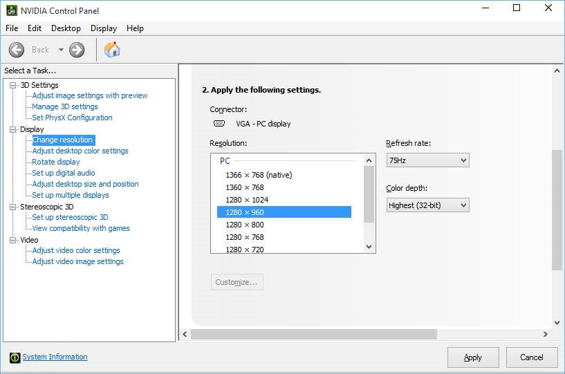  resolution settings select a resolution and then click Apply button