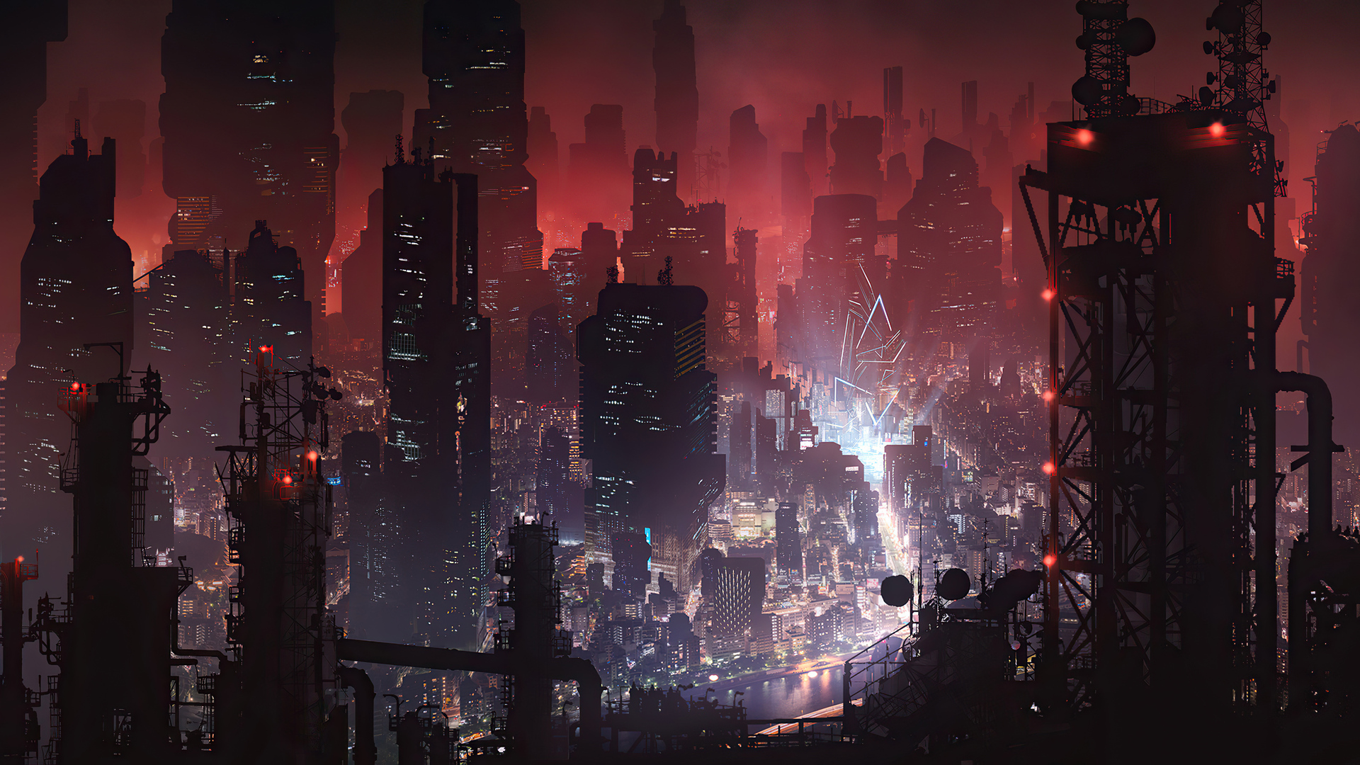 A breathtaking cityscape at night, illuminated by vibrant lights, towering skyscrapers, and industrial structures, capturing the essence of a cyberpunk metropolis