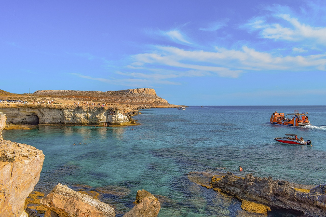 Wallpaper Cyprus Cape Greco Sea Rock Nature Sky Coast Motorboat