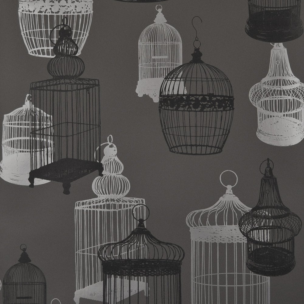 Designer Selection Silhouette Birdcage Wallpaper Charcoal Silver