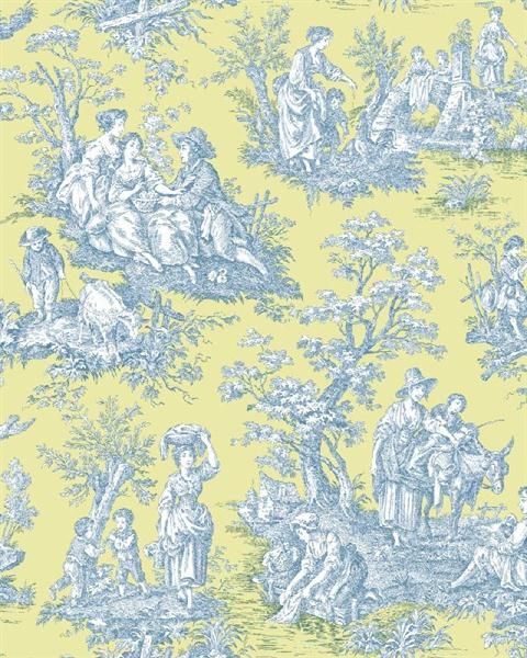 Waverly Classics Blue And Yellow Country Life Toile Wallpaper