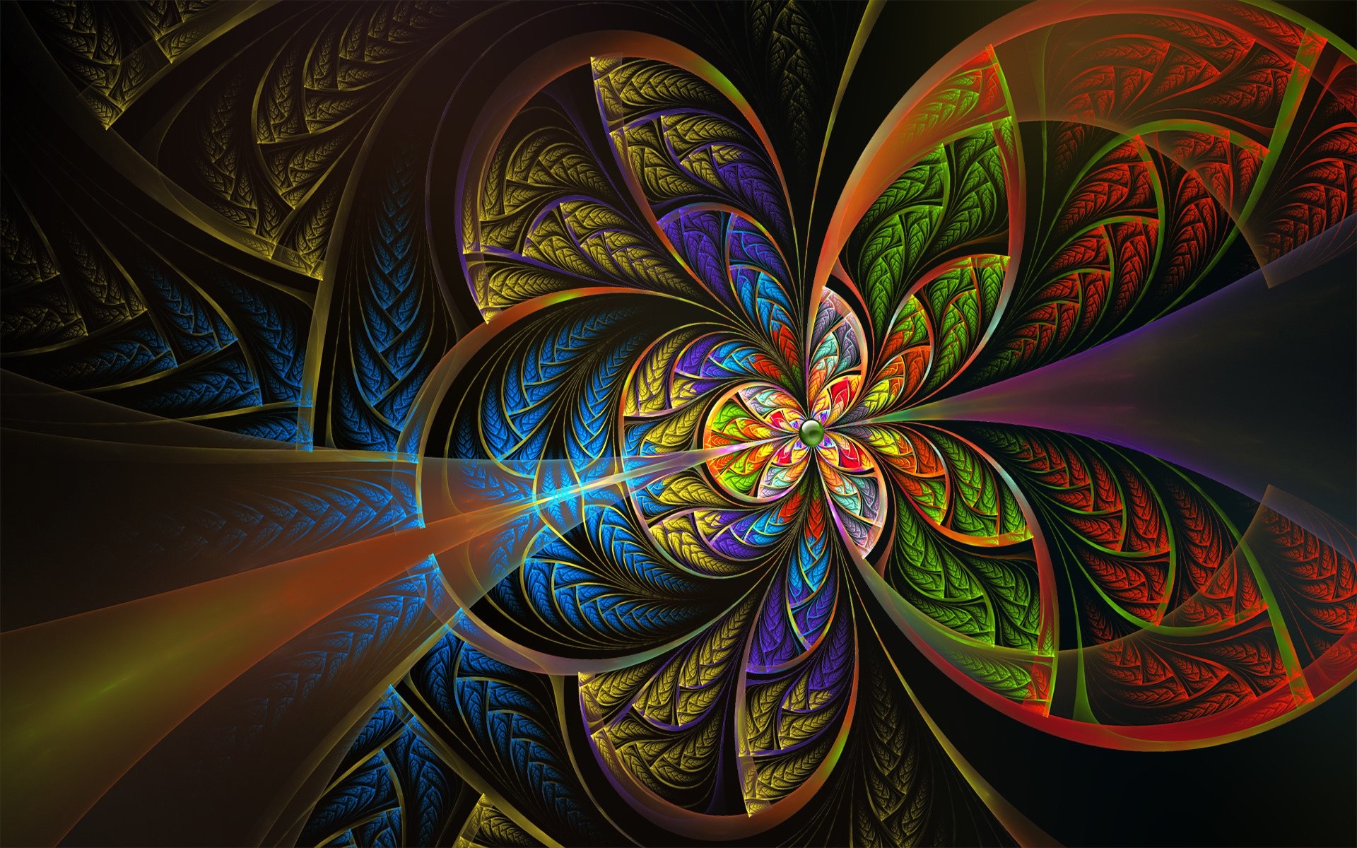 A vibrant and intricate abstract fractal design in vivid colors, resembling a stained glass flower, perfect for a 4k wallpaper