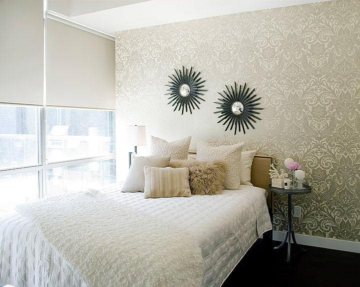 Gold Damask Wallpaper Contemporary Bedroom Jessica Kelly Design