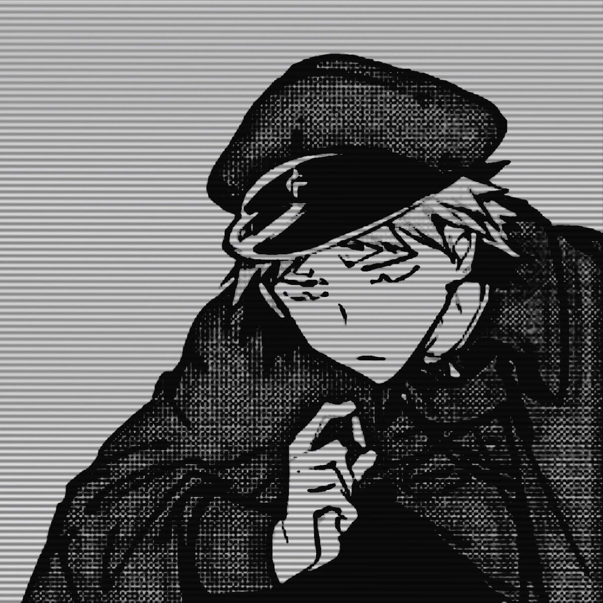 Black and white manga-style illustration of Tachihara Michizou from Bungou Stray Dogs, wearing his military uniform and hat, with a thoughtful expression