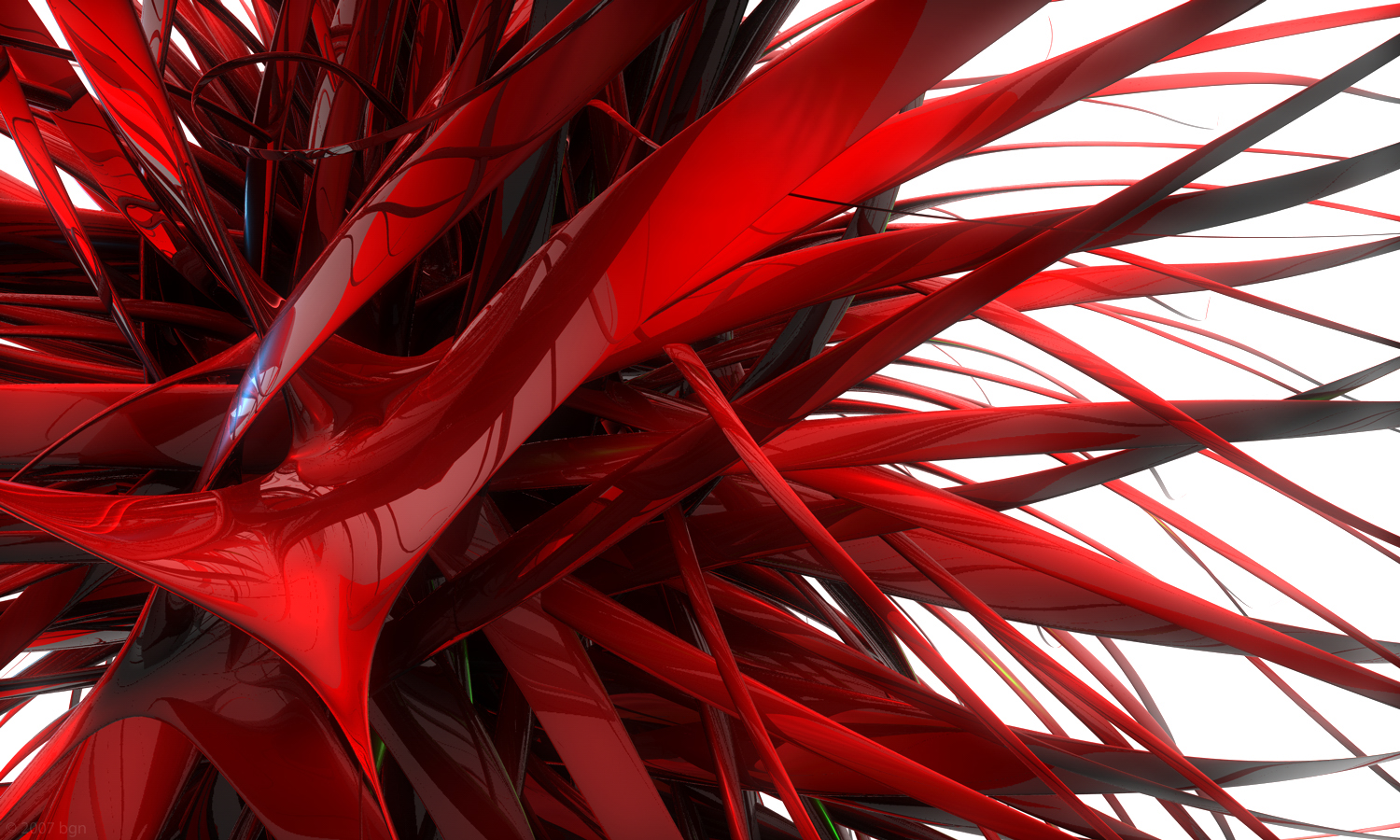 A dynamic burst of abstract red shards and tendrils against a white background, creating a vibrant and energetic visual