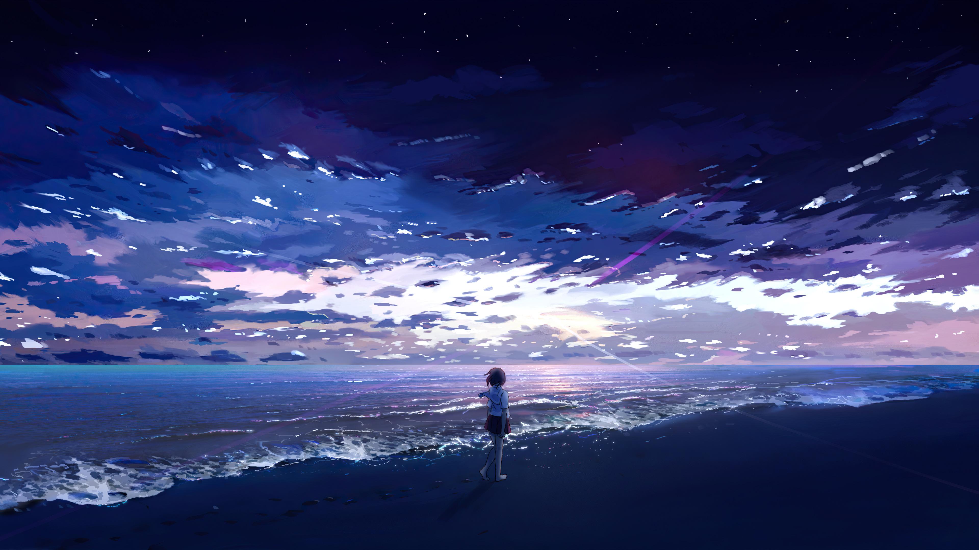 Anime Beach Sunrise Seashore Sea Horizon Scenery 4k Wallpaper