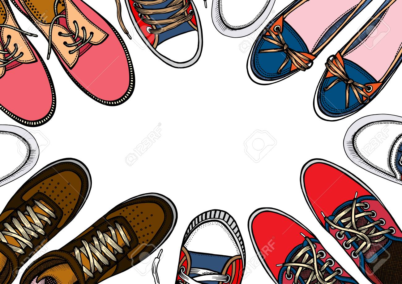 Background Of Many Sports Shoes Lined Up In A Circle With