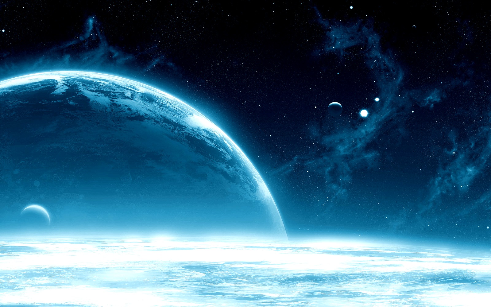 A cool desktop wallpaper featuring a blue planet with swirling clouds, a crescent moon, and distant stars and nebulae in a dark blue space