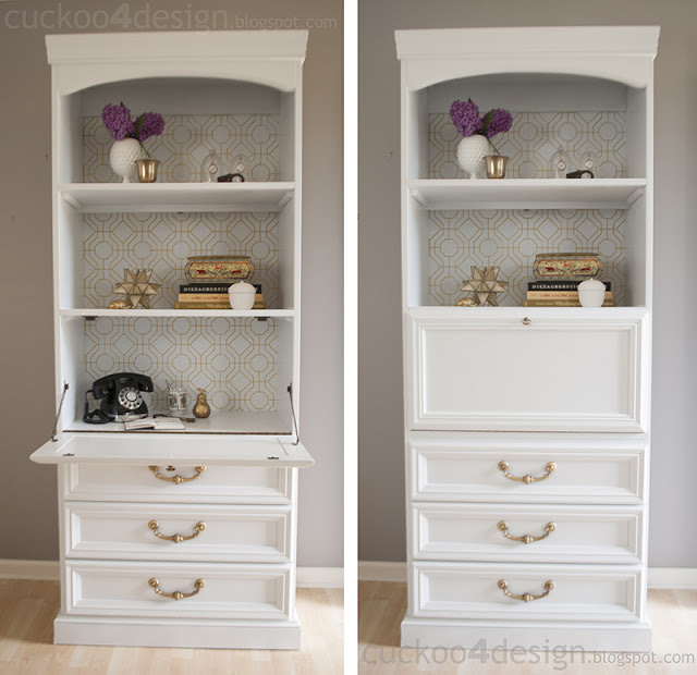 White And Gold Desk Makeover With Bold Patterned Wallpaper