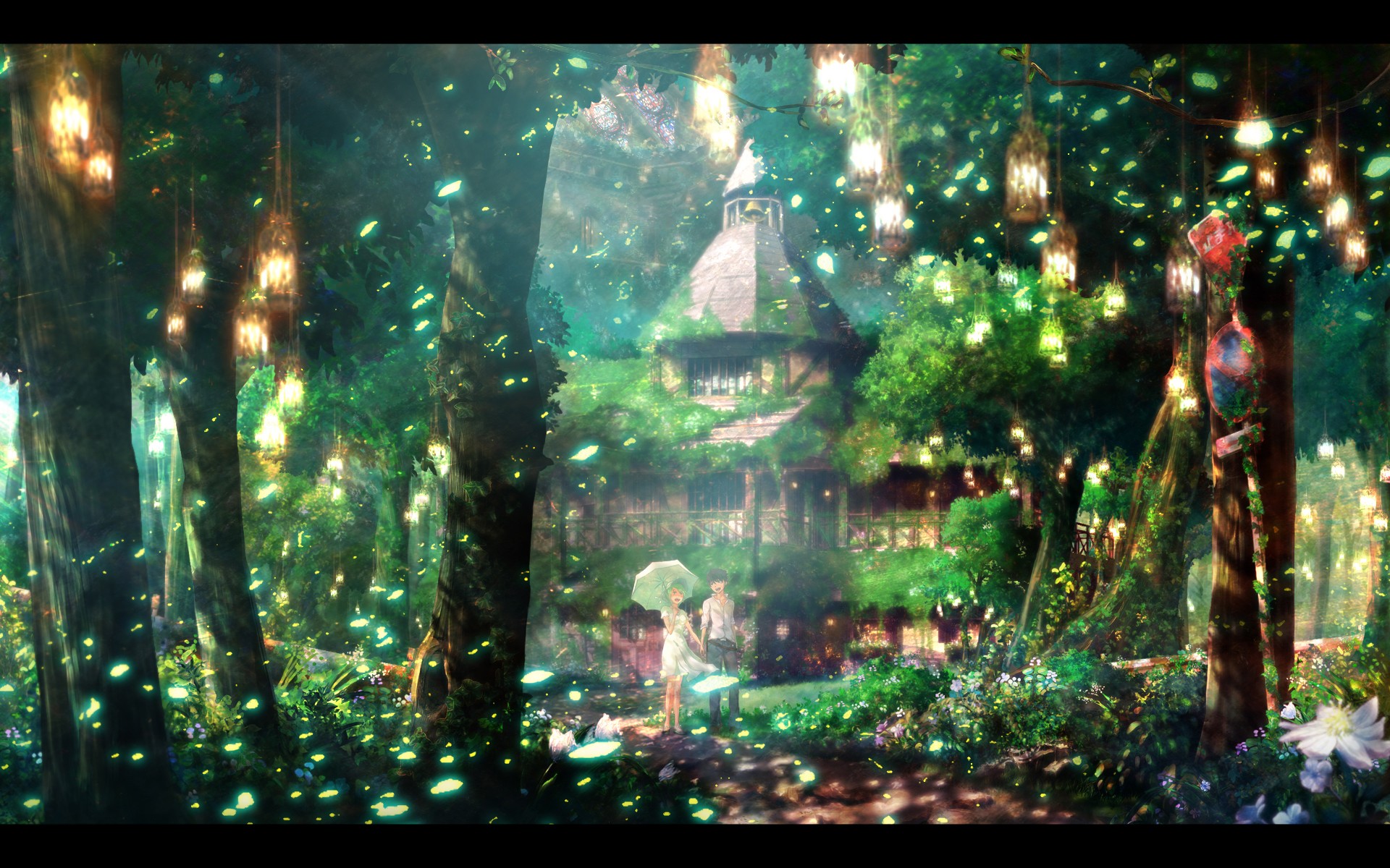 Trees Light Forest Love Grass Couple Umbrella Animeflow