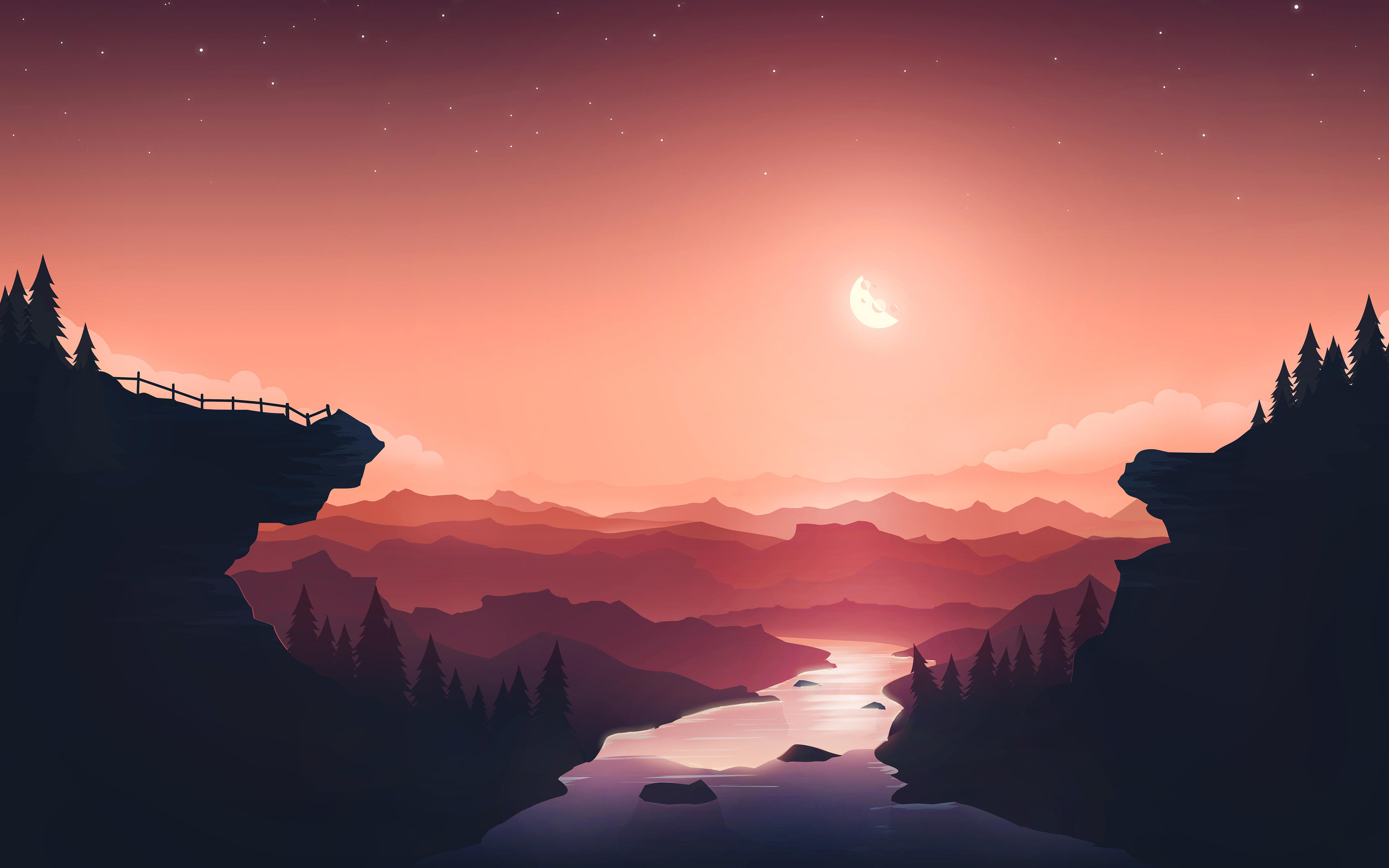 A minimalist 4K wallpaper featuring a serene river flowing through a valley at sunset, with silhouetted cliffs and pine trees on either side, and a crescent moon in the sky