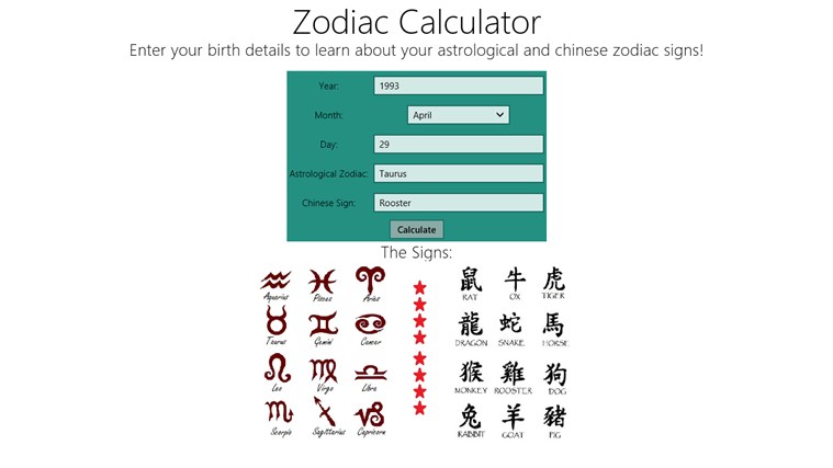 Chinese Astrology Birth Chart Calculator