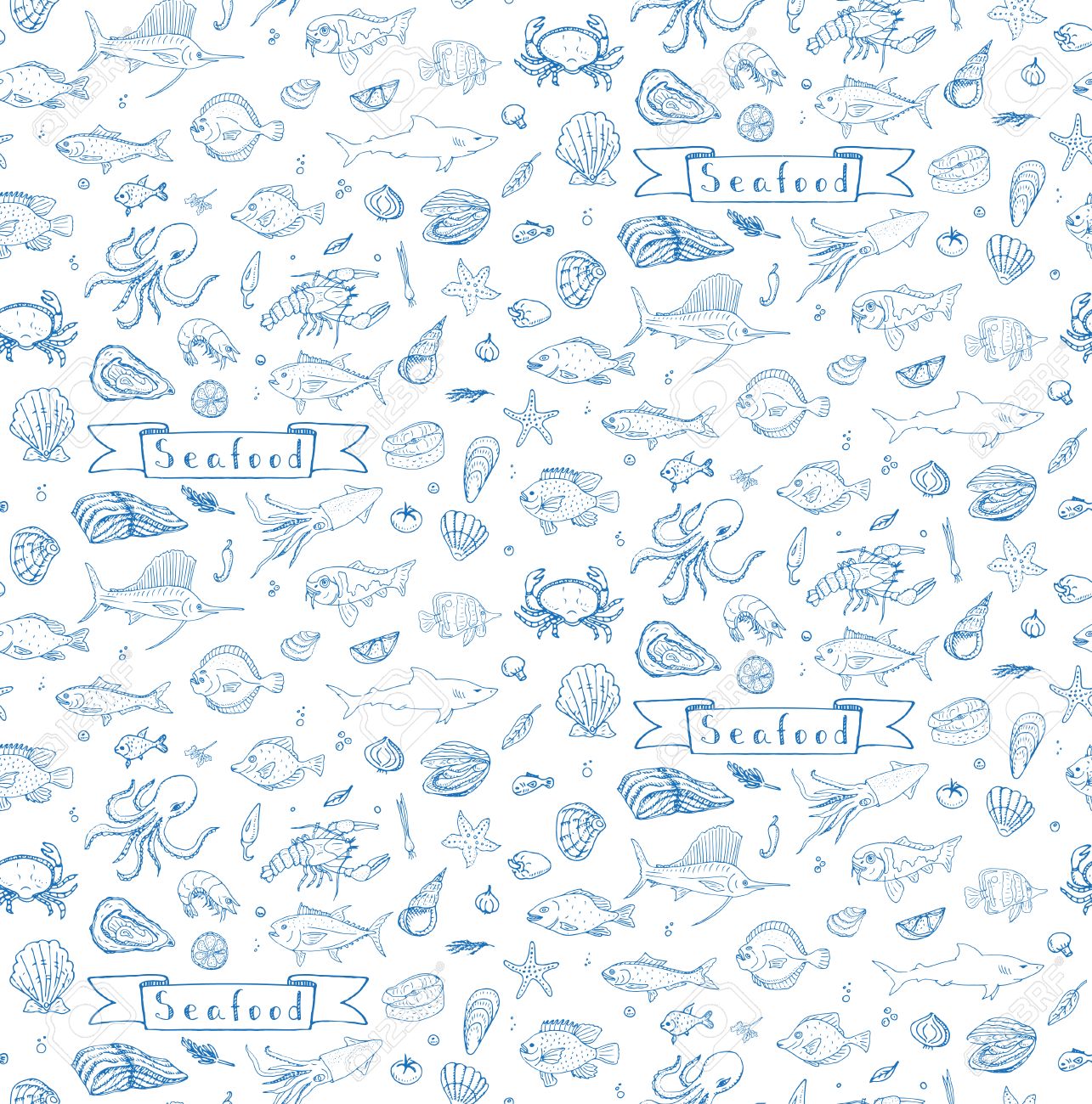 Seamless Background Hand Drawn Doodle Seafood Icons Set Vector
