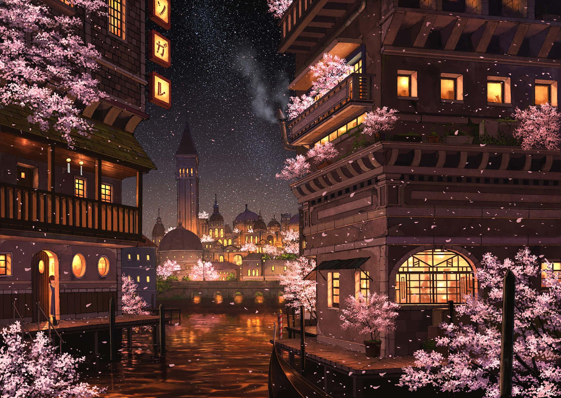 Cherry Blossoms Anime Scenery Night Buildings Wallpaper