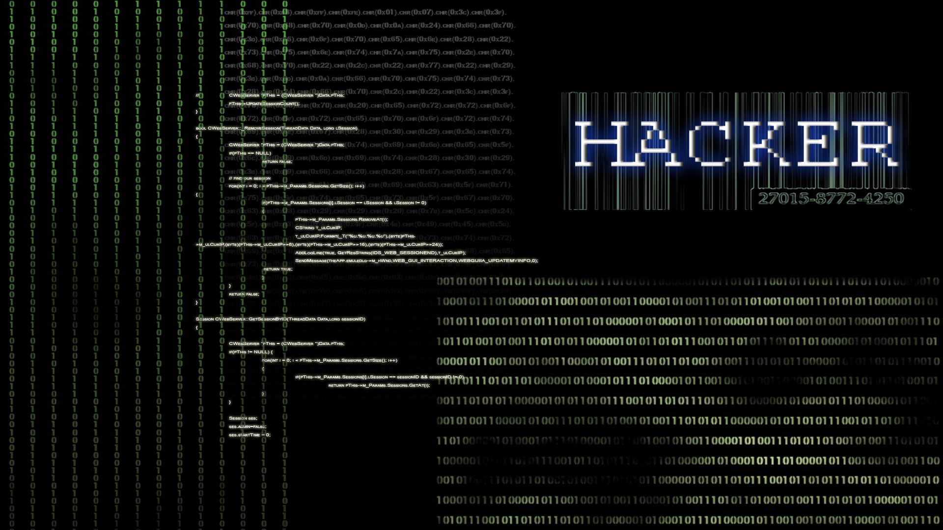 Hacker wallpaper with binary code, programming script, and barcode