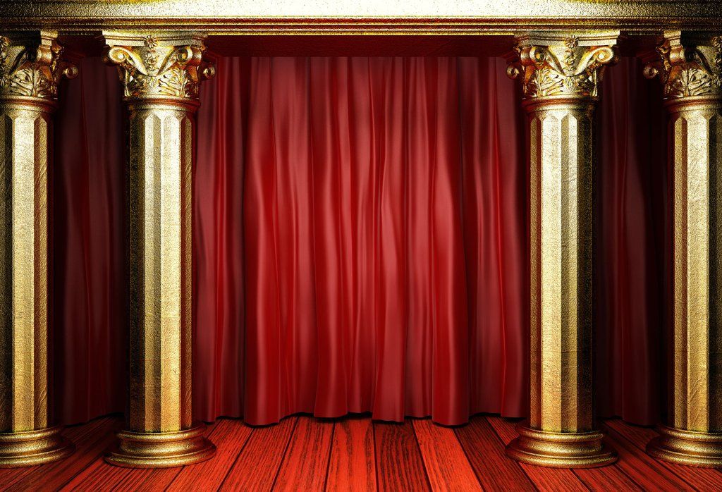 Stage With Red Curtain Floor And Golden Pillar For Photography