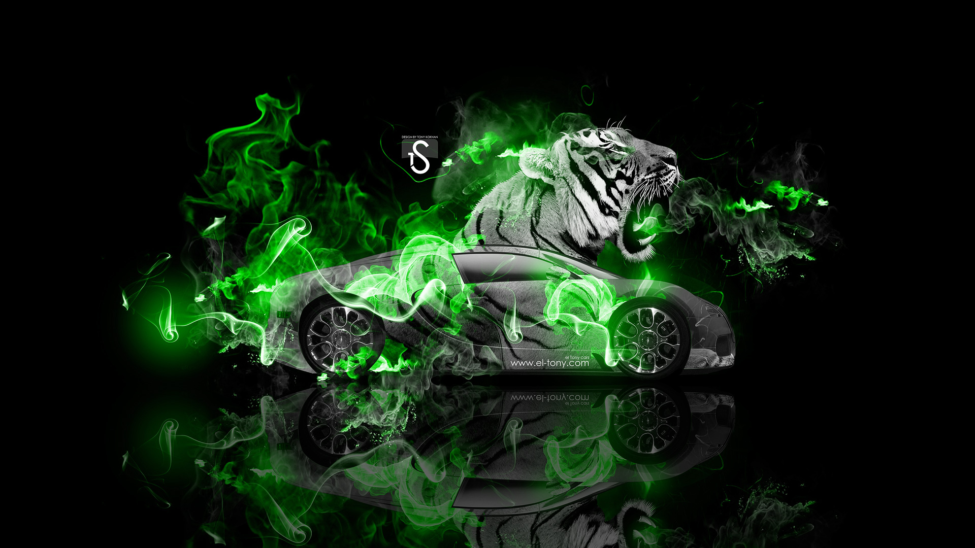 Bugatti Veyron Fantasy Tiger Green Fire Car HD Wallpaper Design