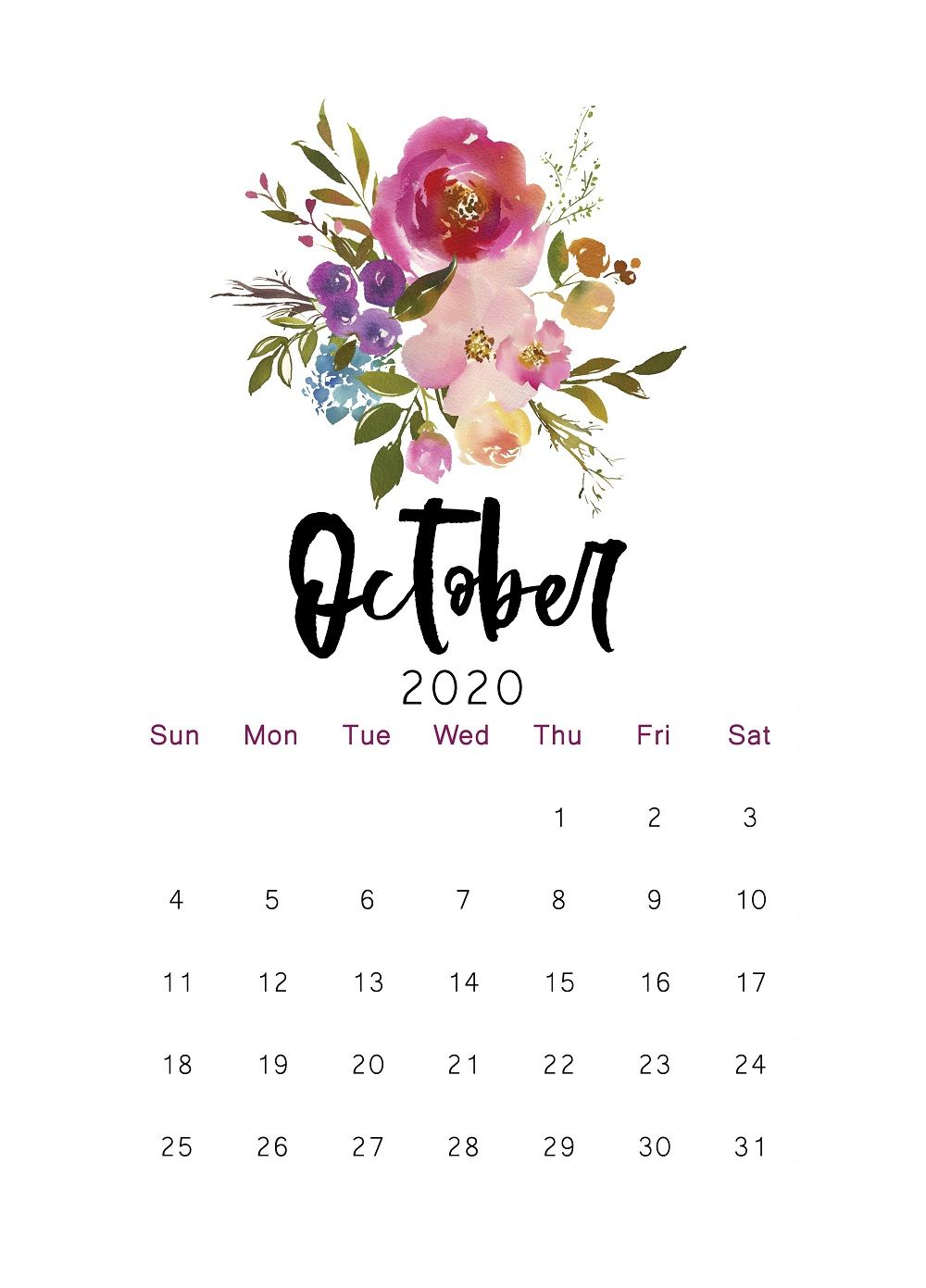 Printable Calendar Floral Watercolor Letter