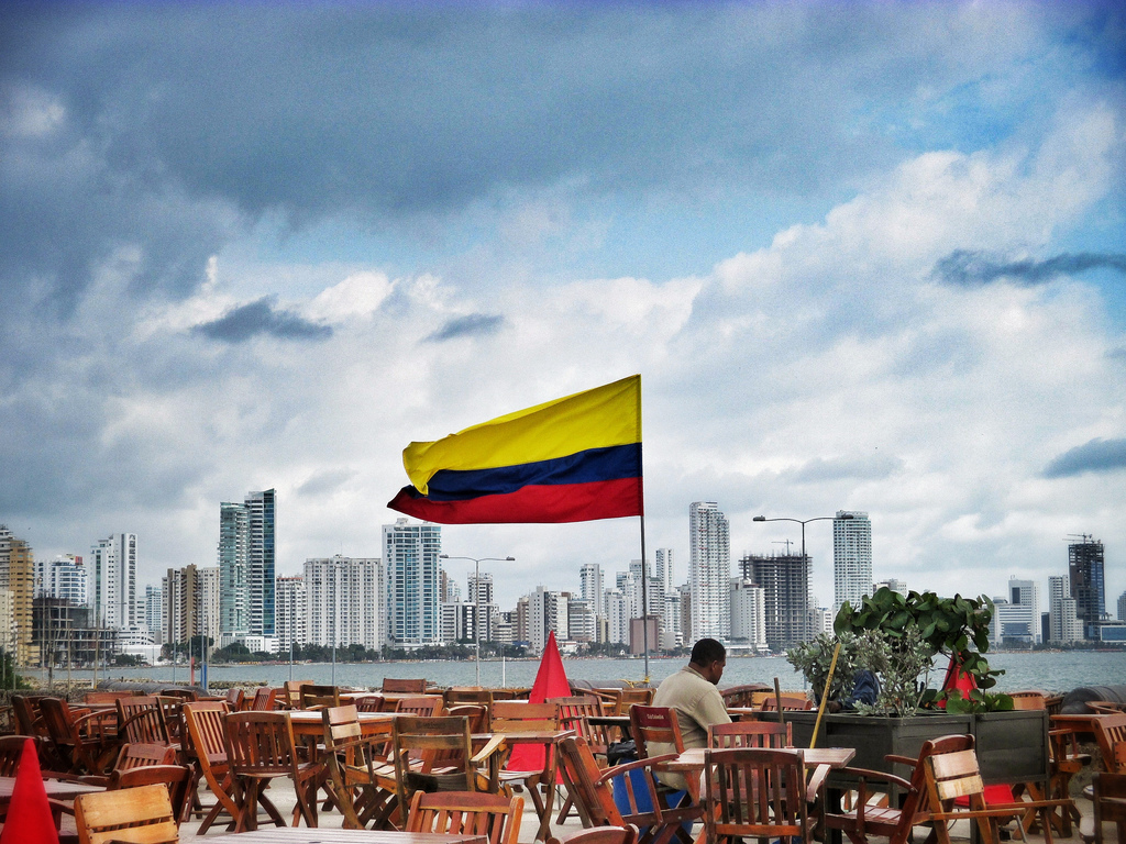 Colombian Flag Above The Cartagena Skyline Por Flora En