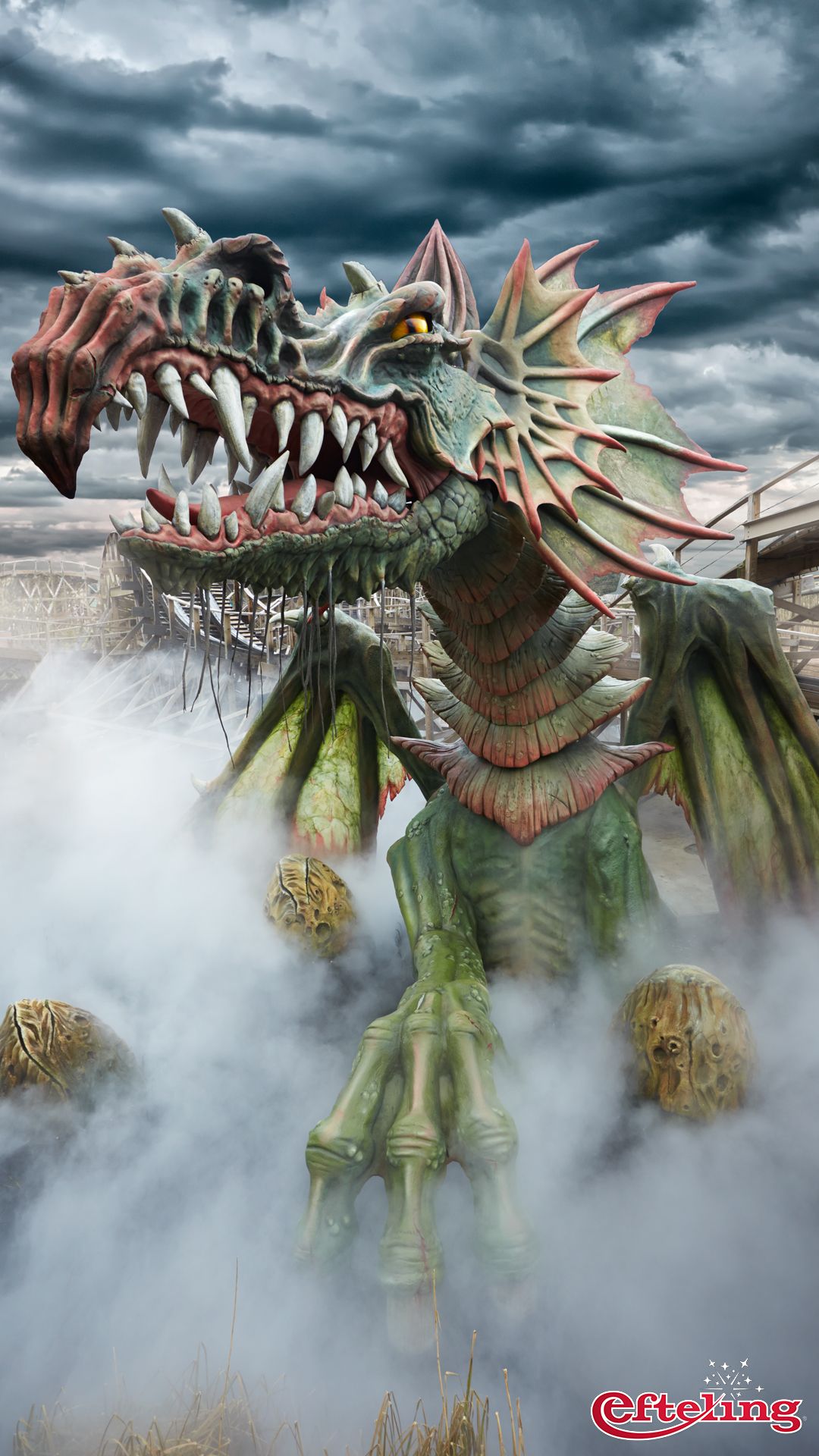 A fierce, mythical dragon statue amidst a smoky, fantastical landscape. Perfect for draak (dragon) enthusiasts
