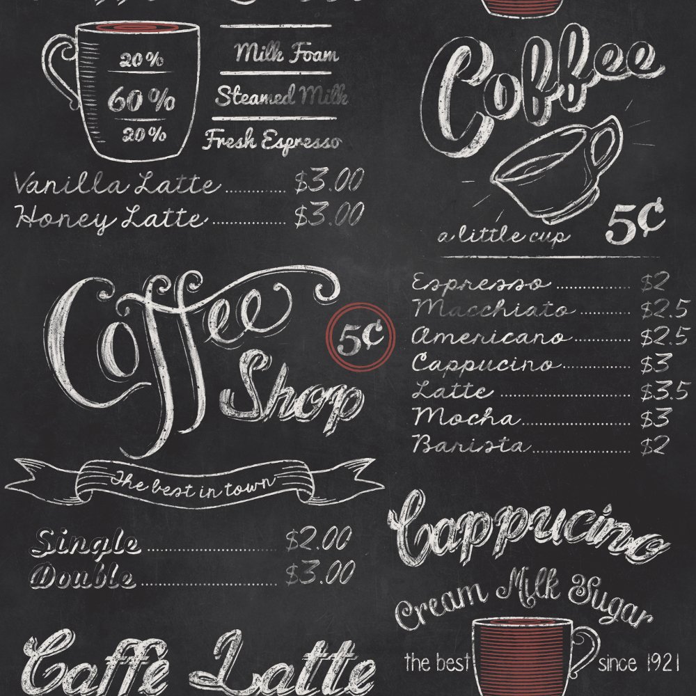 Vintage Retro Coffee Shop Caf Black White Chalk Wallpaper
