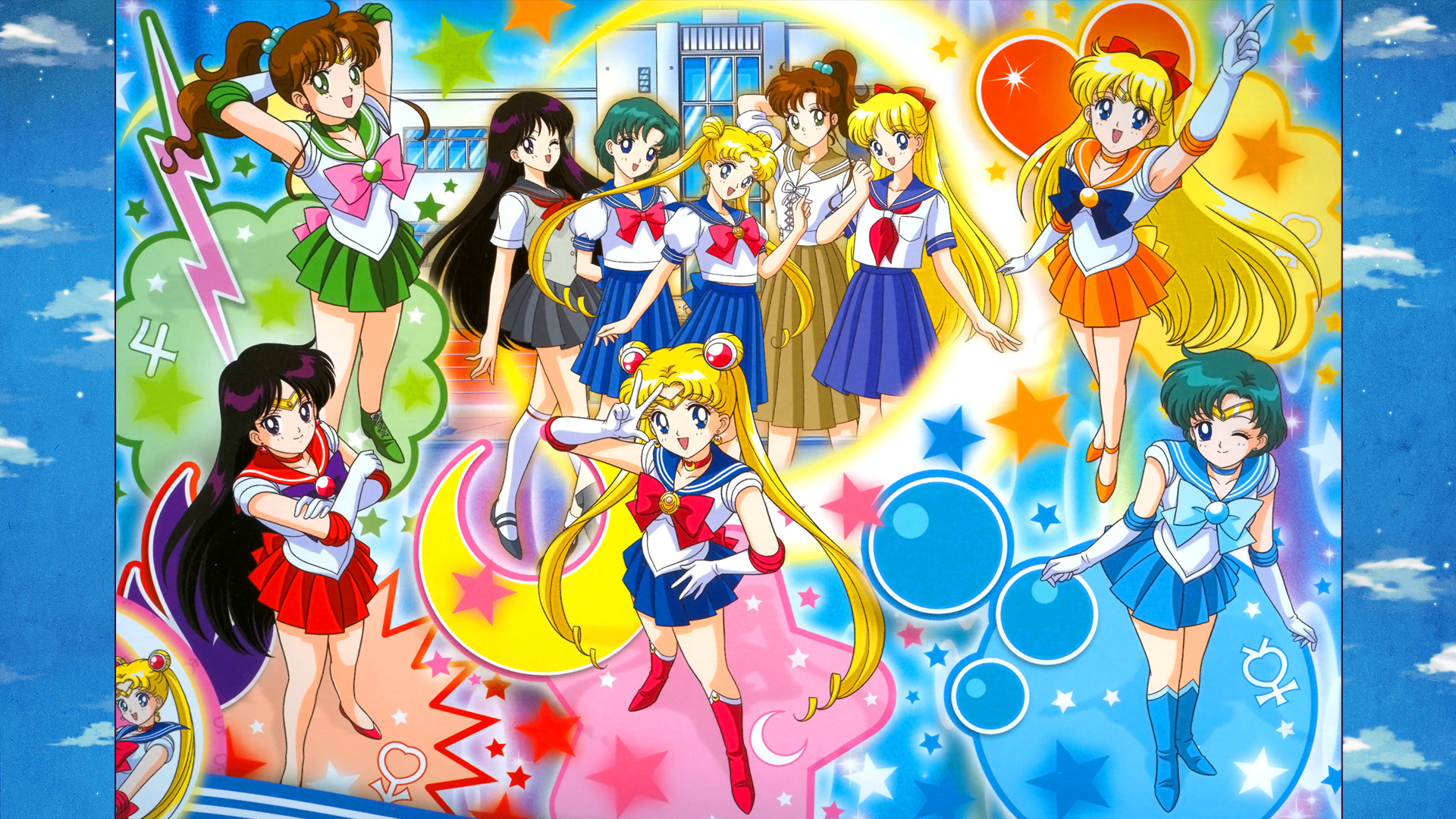 Group image of Sailor Moon and her fellow Sailor Guardians in their transformed states, ready to fight evil and protect the world