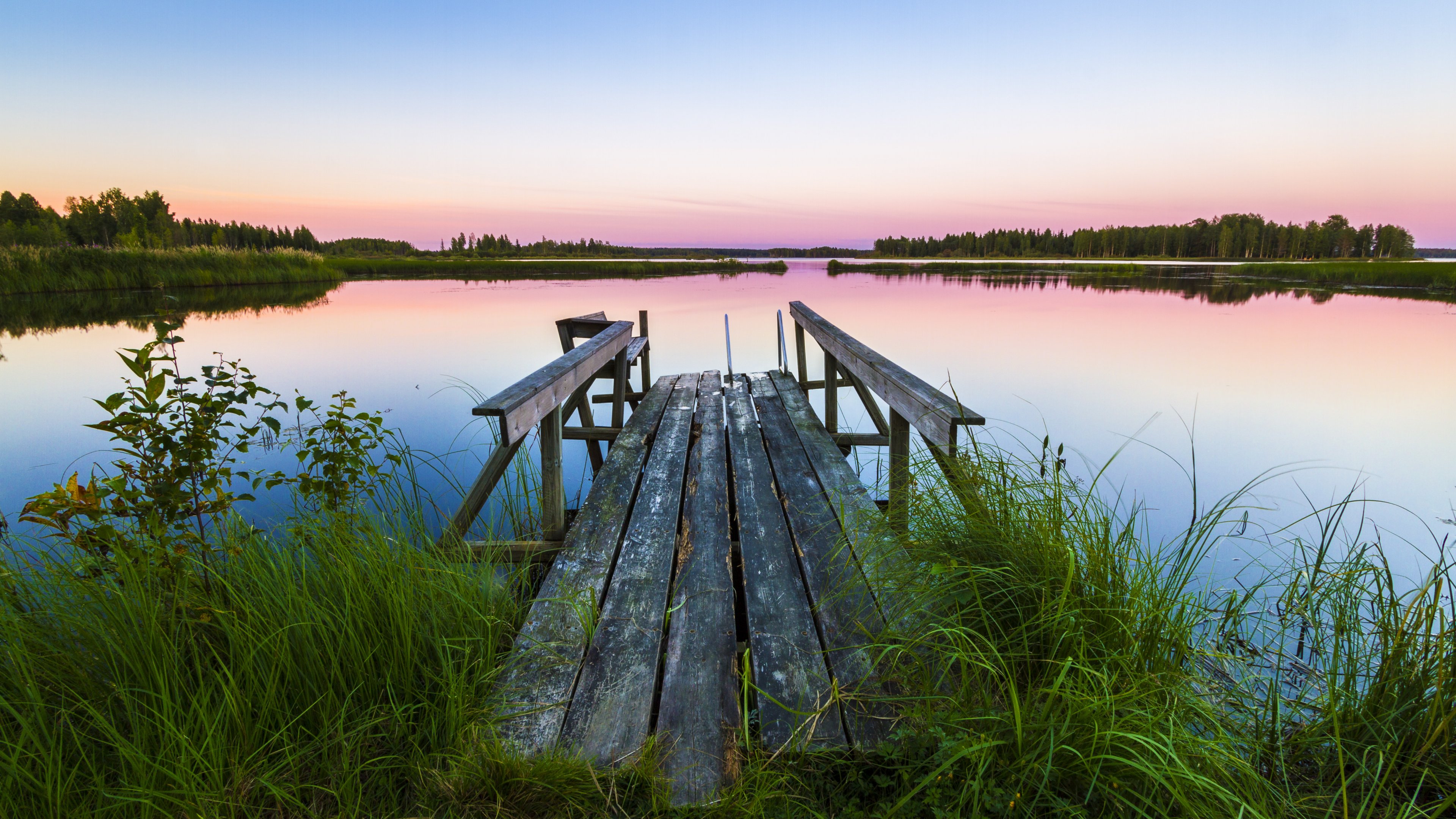 Lake Bridge Grass Sunset Landscape Reflection Ultra Hd 4k Wallpaper