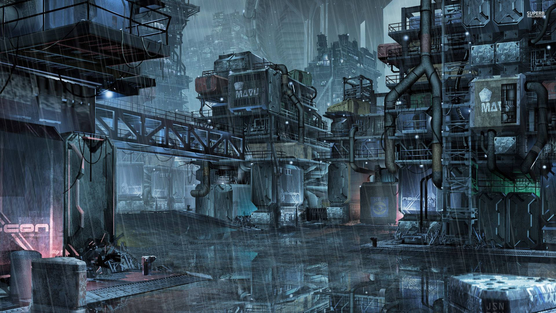 A dark, rainy cyberpunk city scene with industrial buildings and platforms, evoking a dystopian atmosphere