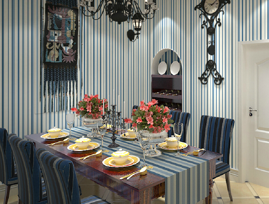 Dining Room Blue Vertical Stripe Wallpaper Furniture