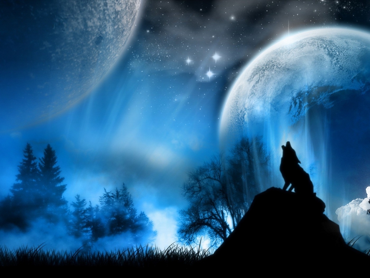 Space Moon Howling Wolf Wolves Wallpaper