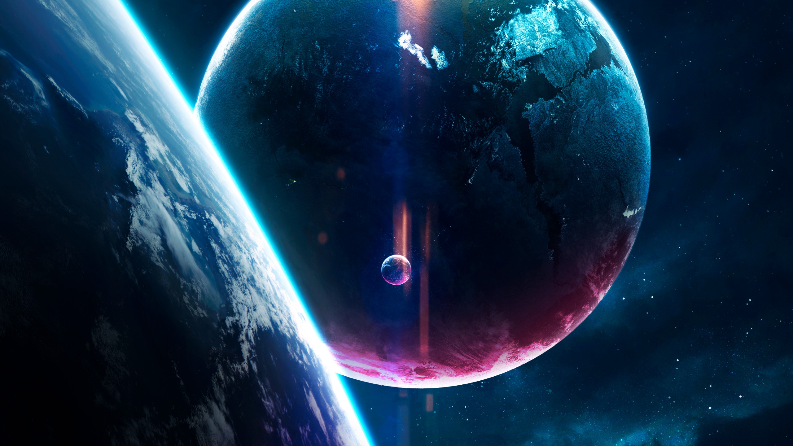 Two planets and a moon in a colorful nebula, astronomy wallpaper