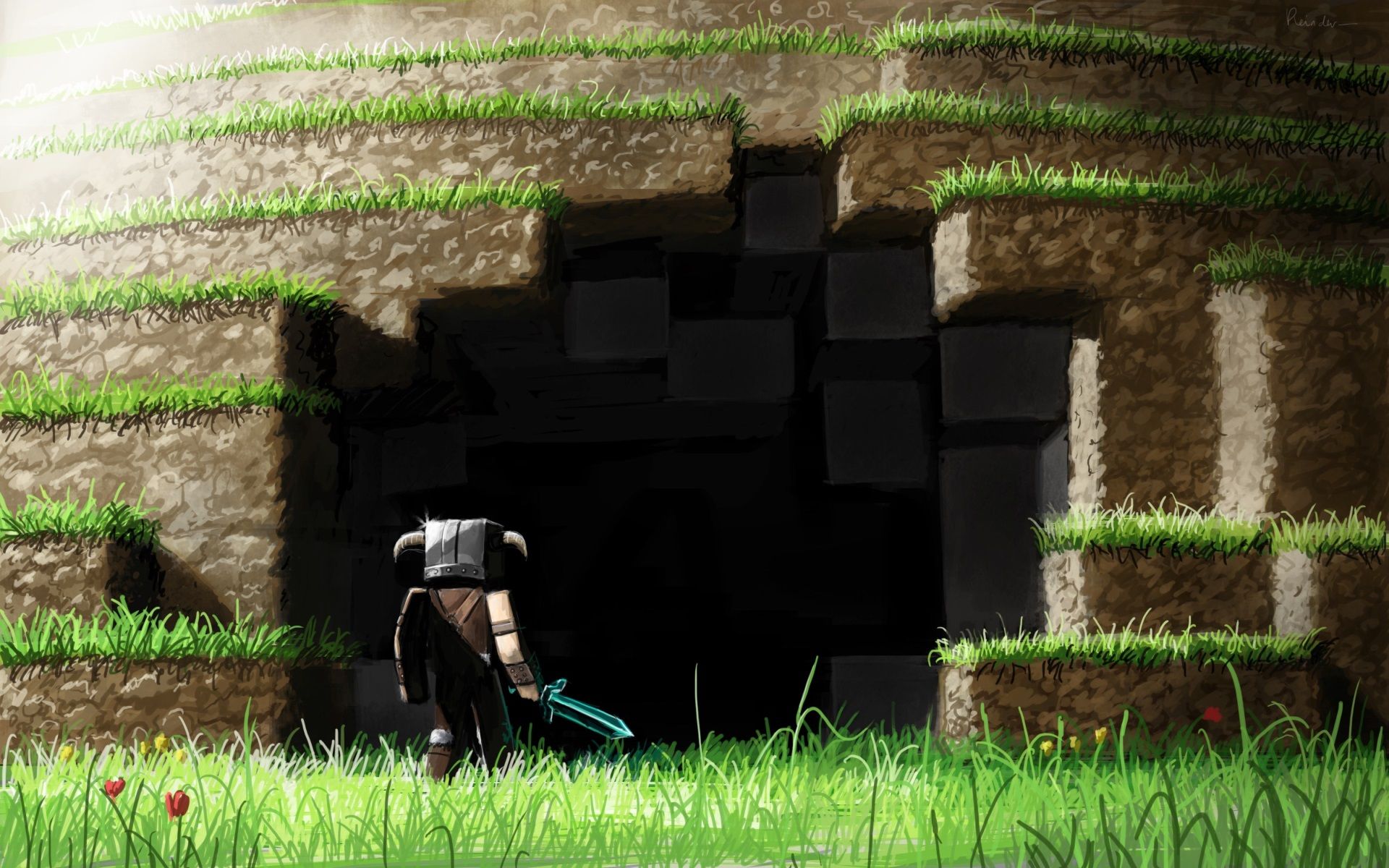 A Minecraft character stands before a dark cave entrance, ready to explore