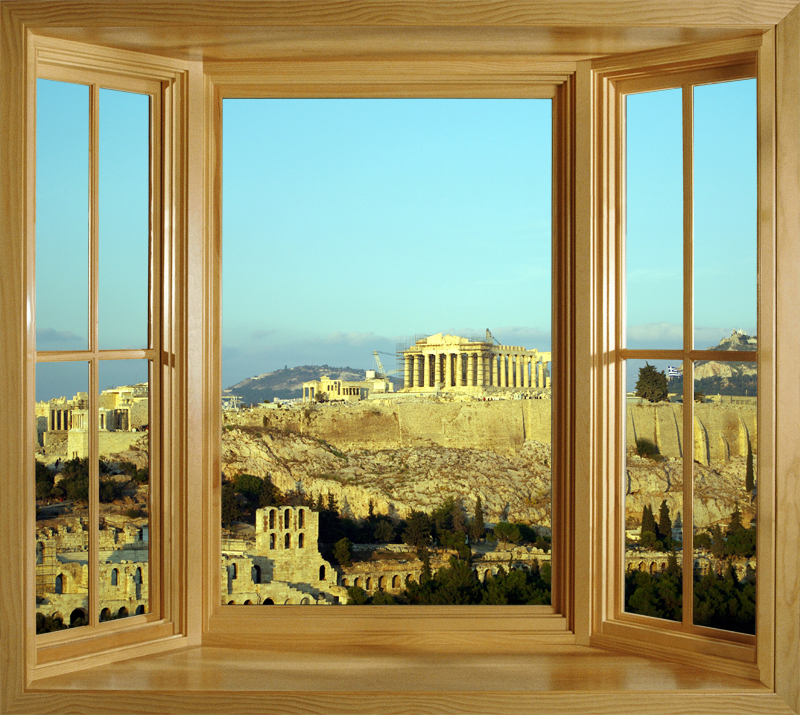 Acropolis Seen From Filiopappou Hill In Greece Window Frame Wallpaper