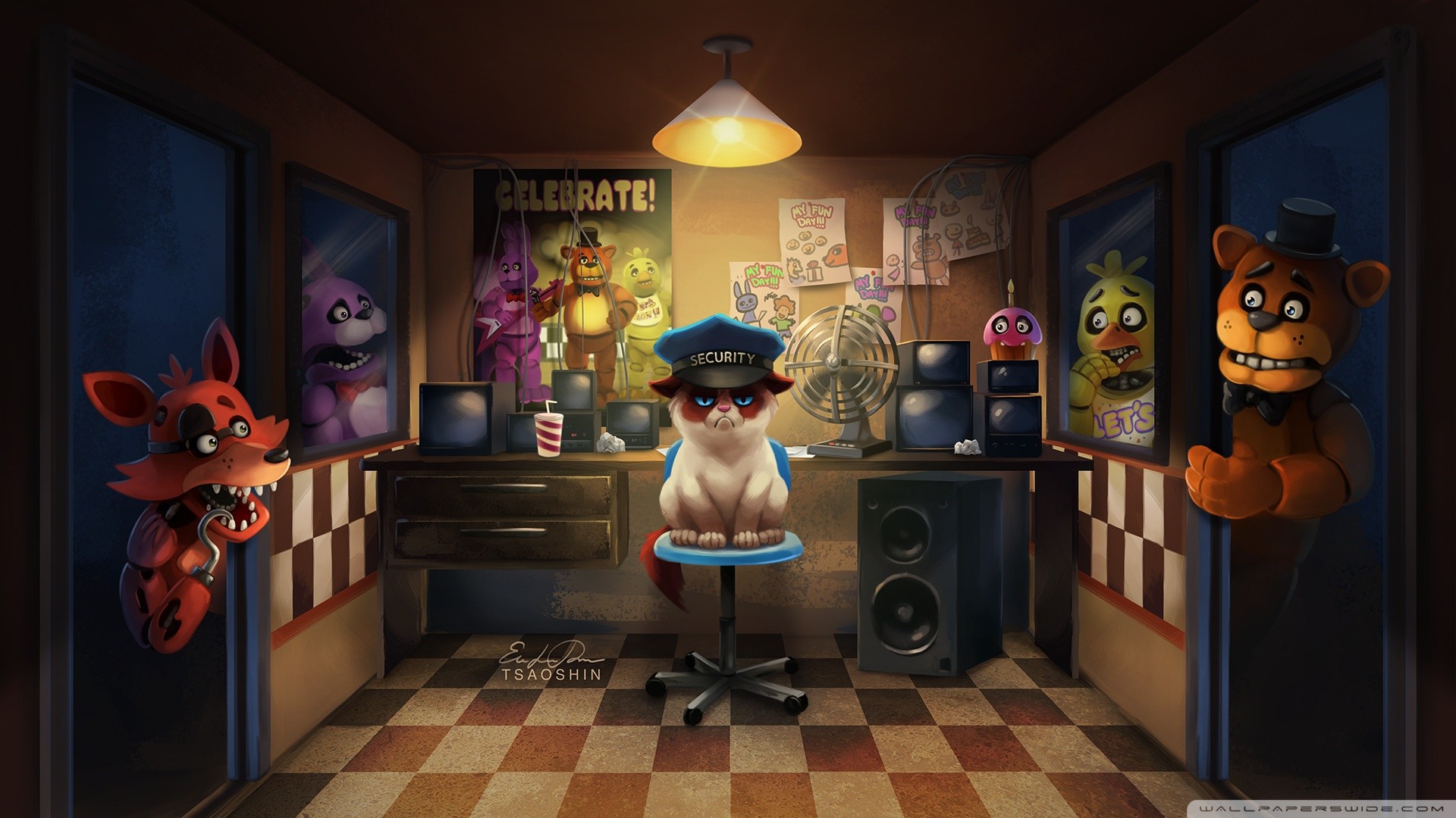 A grumpy cat dressed as a security guard watches over the animatronics from Five Nights at Freddy's