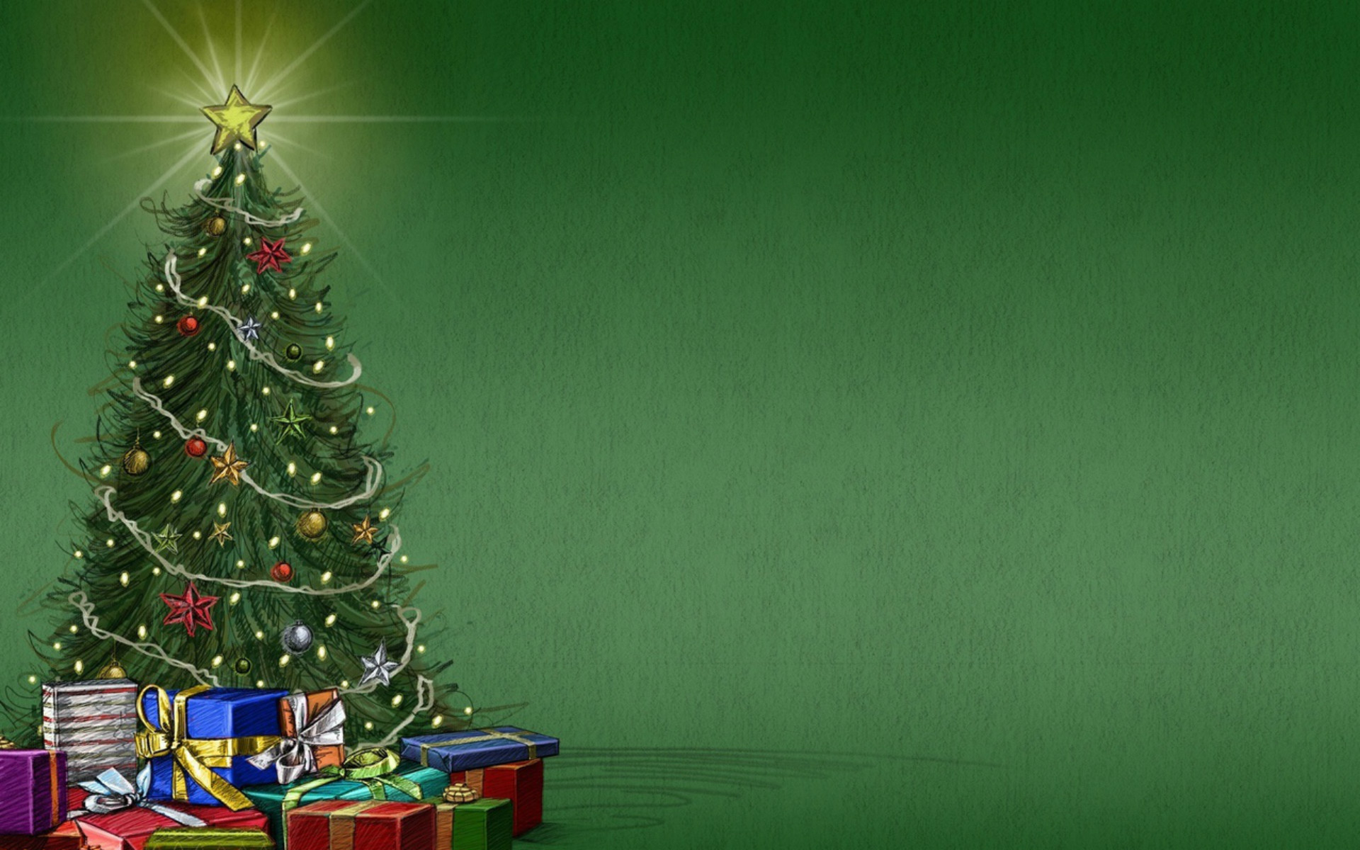 Christmas Tree with Presents on Green Background