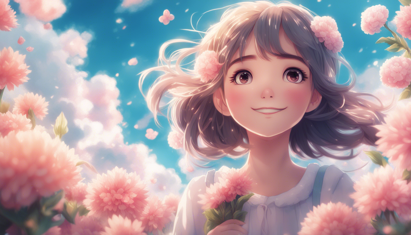 A Whimsical HD Wallpaper Featuring Cute Anime Girl Surrounded By Fluffy Clouds And Vibrant Flowers Embodying Sense Of Joy Innocence The Should Have Big Sparkling Eyes Sweet Smile Radiating Warmth Happiness Color Palette Include Soft Pastel Tones To Enhance Dreamy Enchanting Feel Image