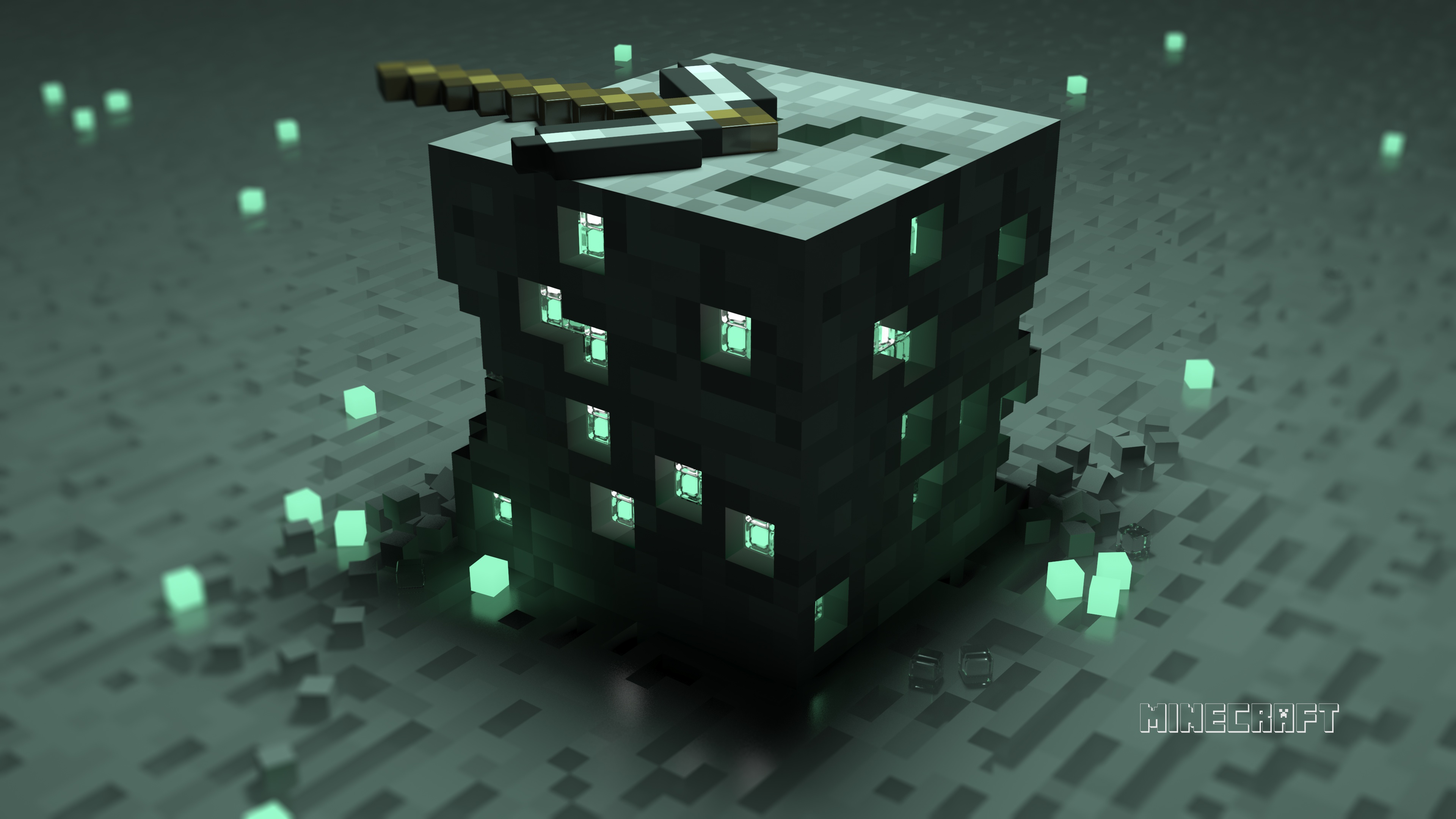 A 3D render of a Minecraft diamond ore block with a diamond pickaxe on top, glowing with a turquoise light, surrounded by smaller, glowing turquoise cubes against a dark turquoise background