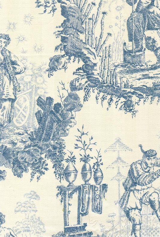 Chinese Toile Fabric Blue De Jouy Printed On Cream Cloth