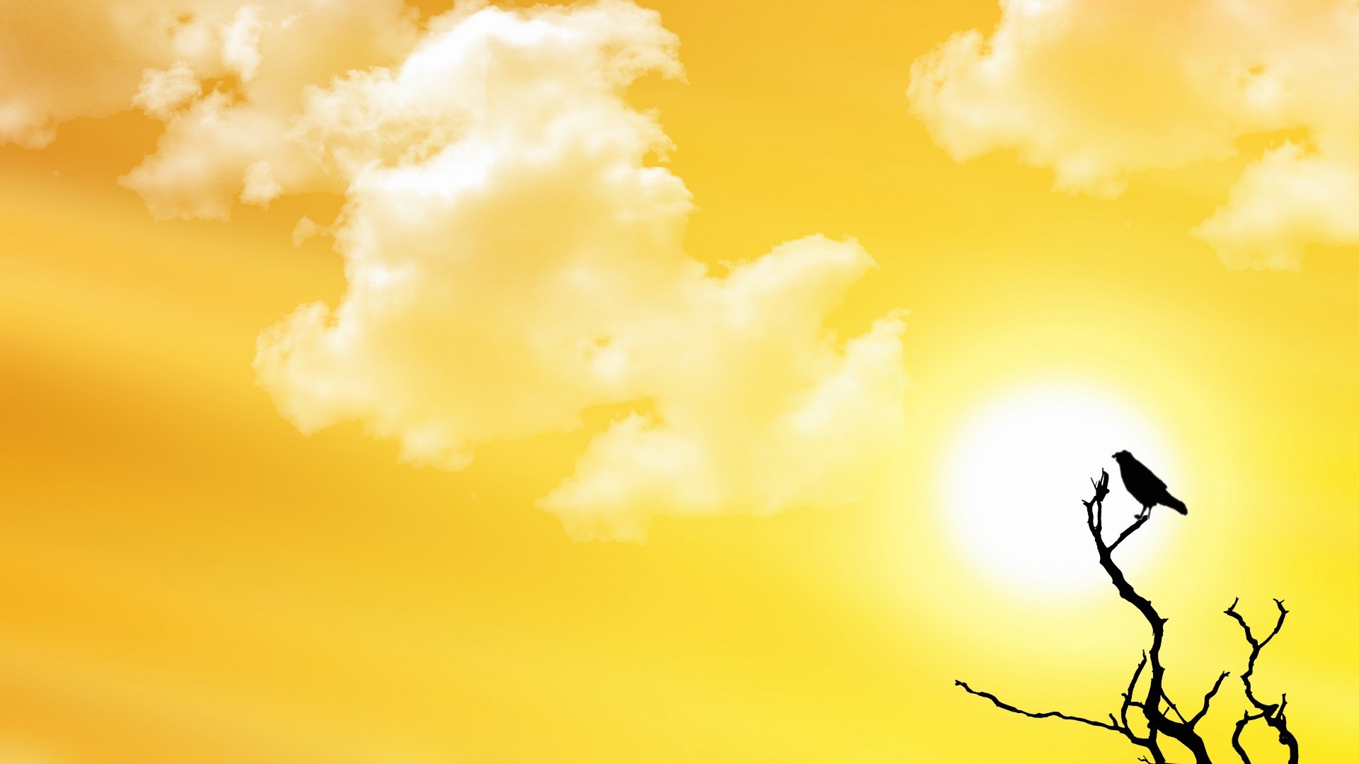 Silhouette of a bird perched on a bare branch against a vibrant yellow sky with soft white clouds and a bright sun, evoking a sense of peace and tranquility
