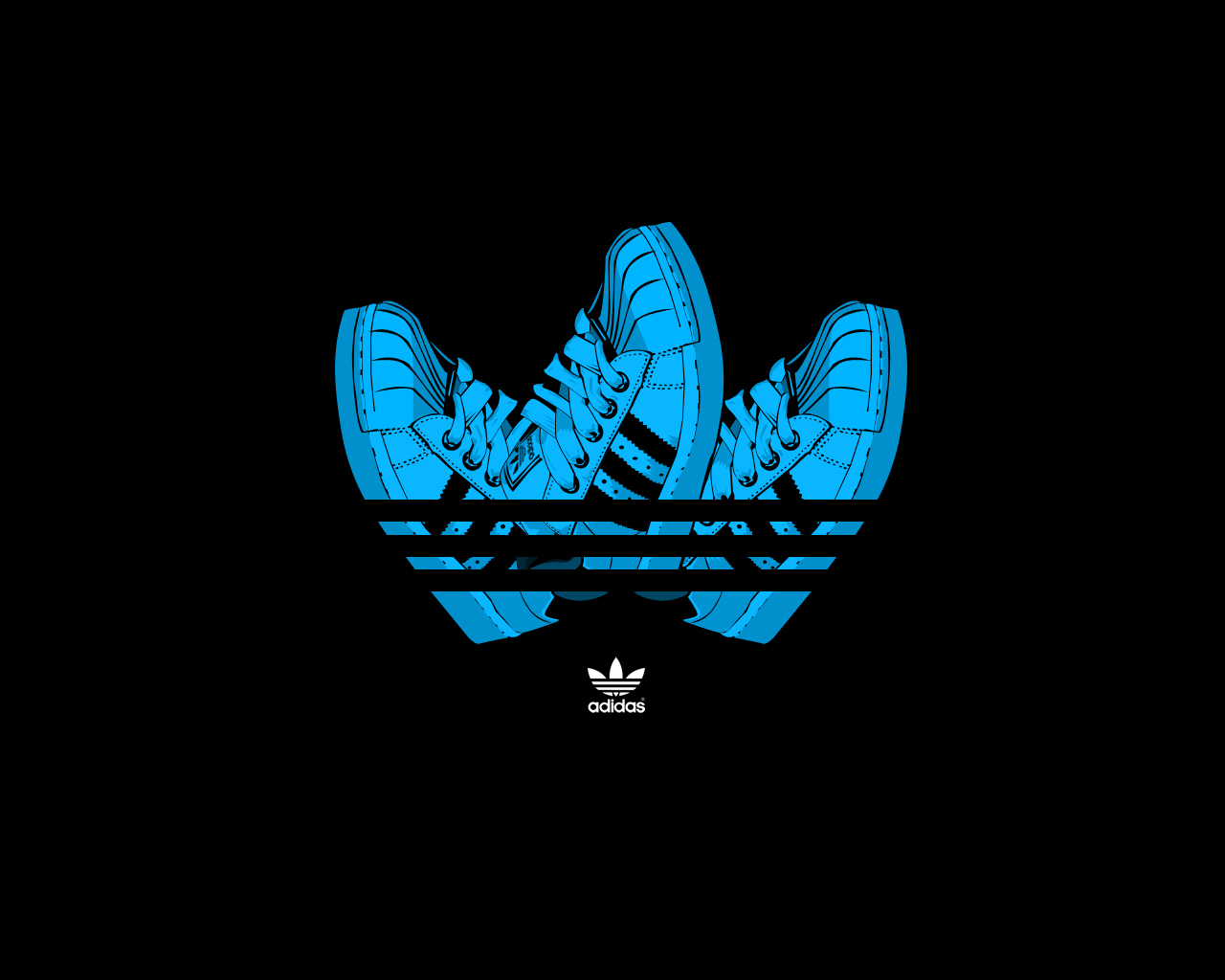 Stylized Adidas logo with blue sneakers forming the signature trefoil on a black background