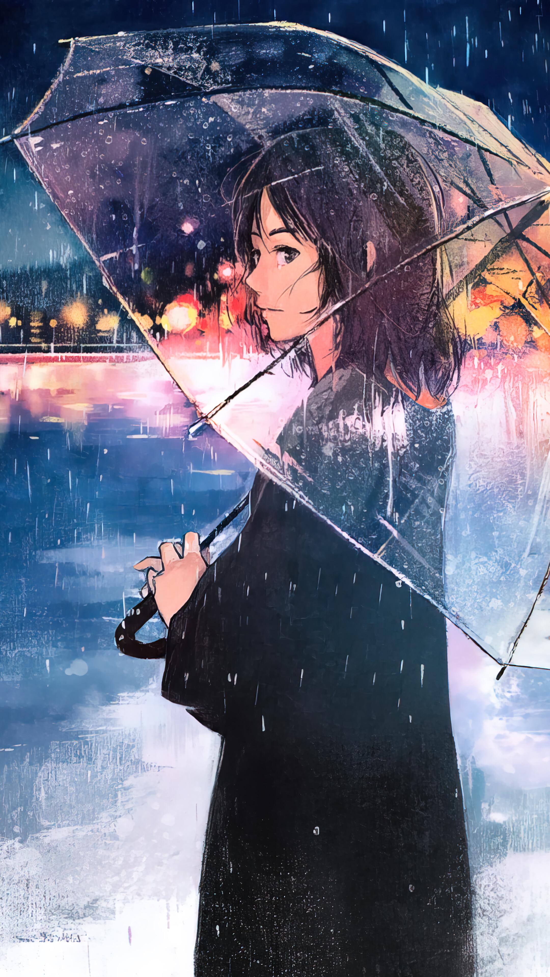 Anime Girl Beach Raining Umbrella 4K Wallpaper iPhone HD Phone 4000f