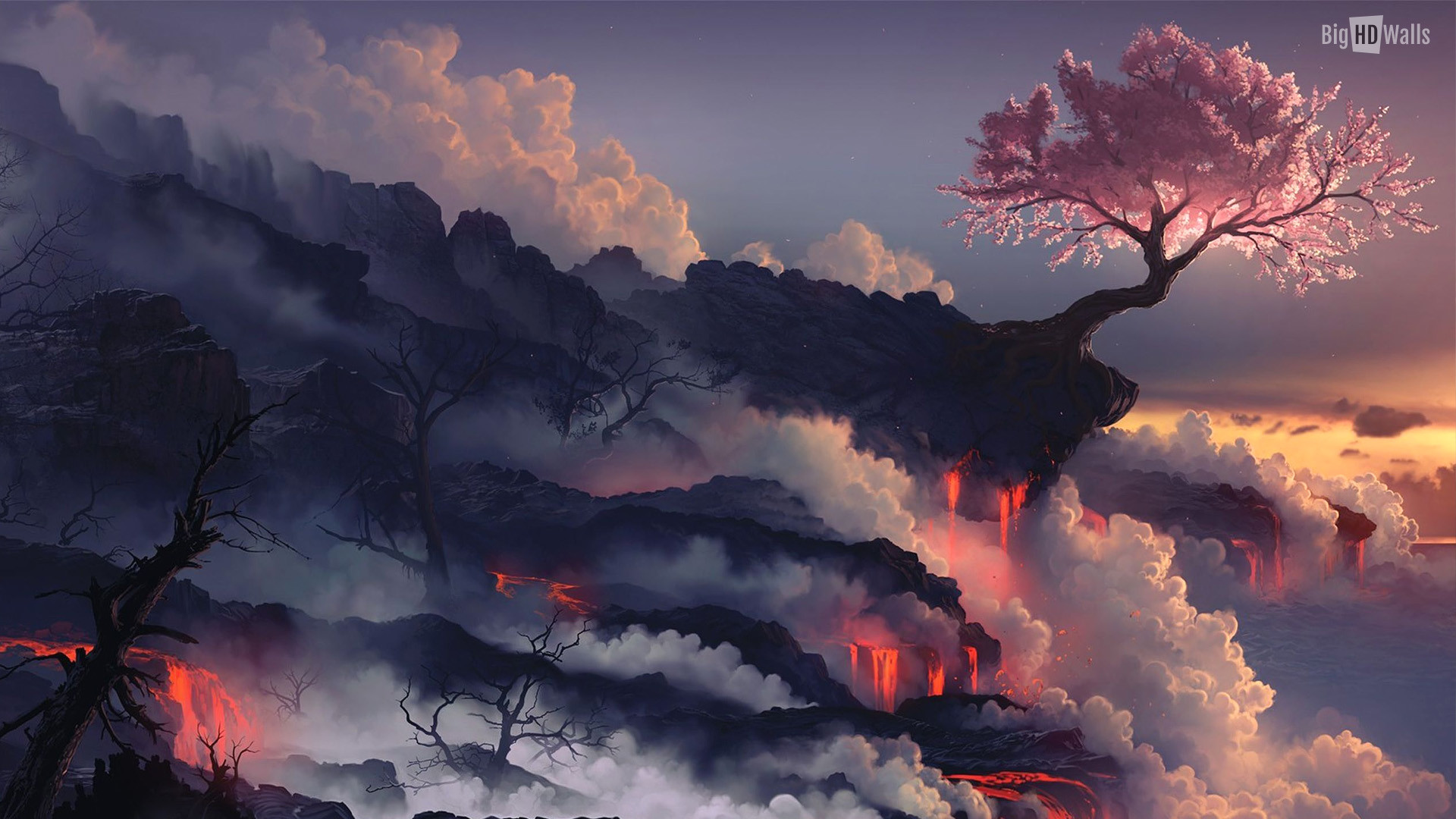 A surreal landscape painting of a volcano with lava flowing and a cherry blossom tree growing on a cliff, set against a sunset sky